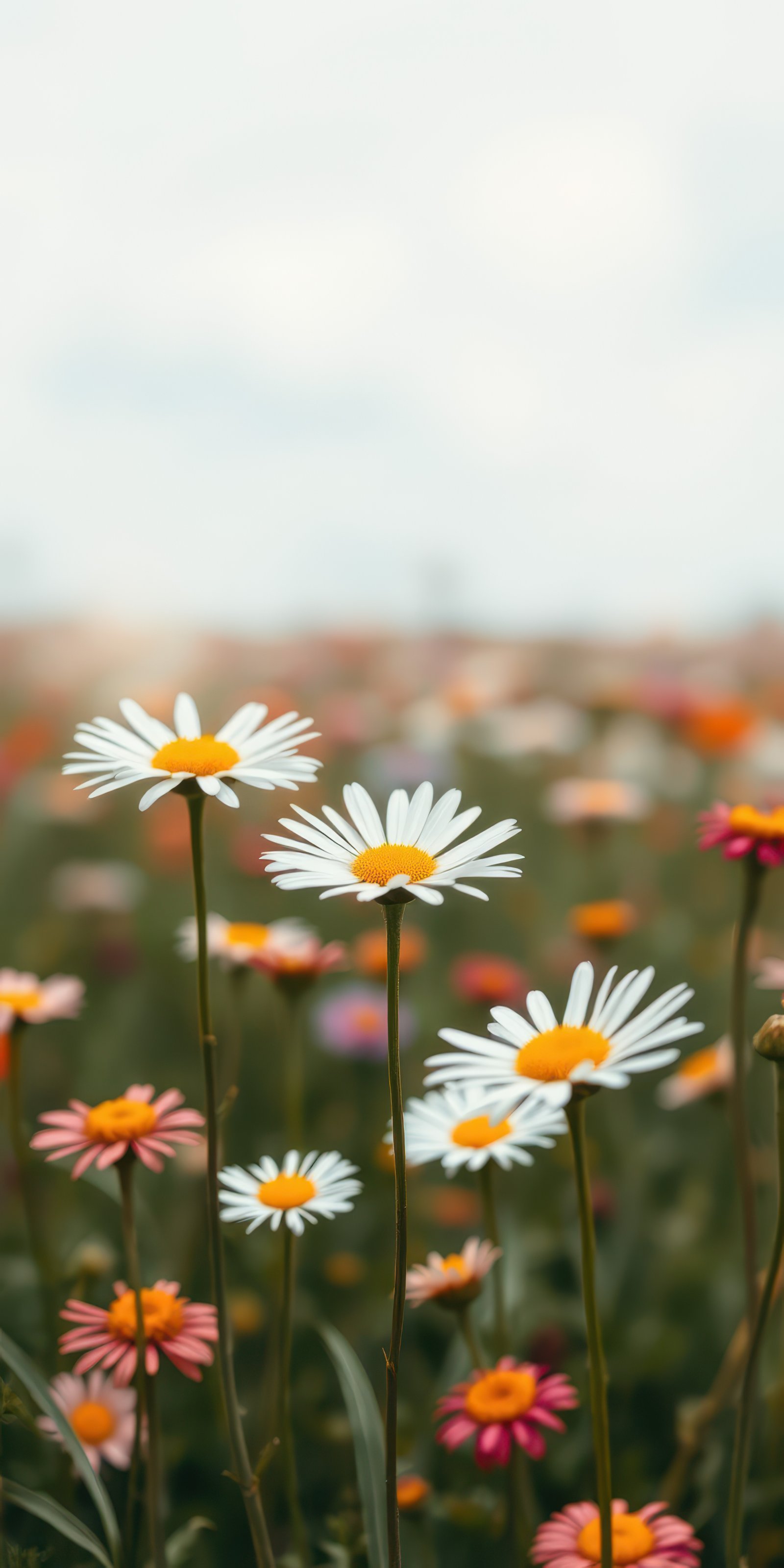Colorful wildflower field with daisies in bloom on a sunny day during late spring season